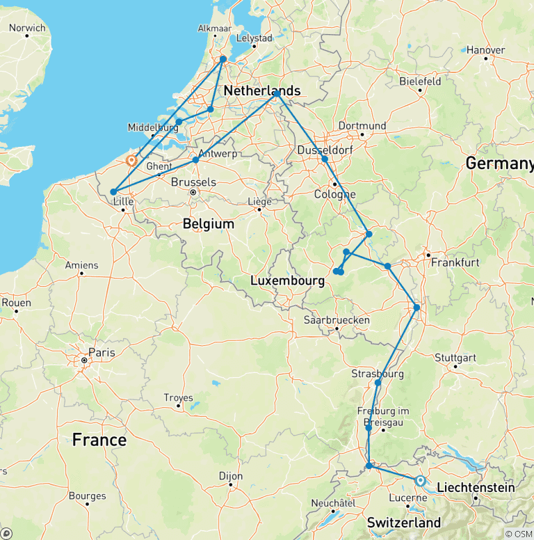 Map of Romantic Rhine & Moselle with Bruges 2027 - 18 Days (from Zurich to Bruges)
