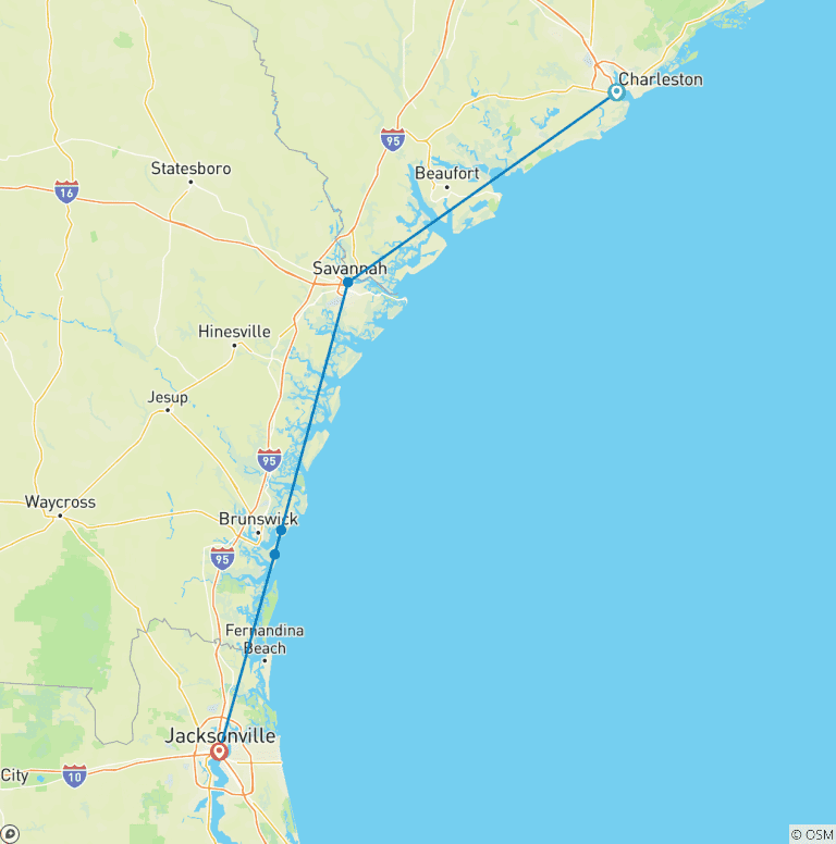 Map of Southern Charm featuring Charleston, Savannah, and Jekyll Island (Charleston, SC to Jekyll Island, GA) (2027)