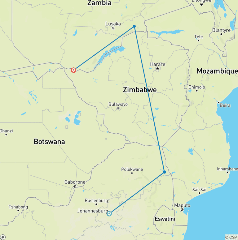 Map of 7-Day Affordable Kruger & Victoria Falls Adventure