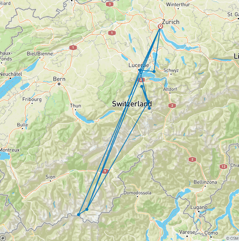 Map of 7 Days Switzerland Tour (Zurich, Lucerne and Zermatt)