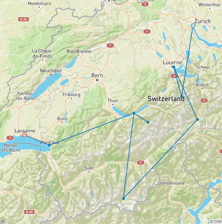 Map of Iconic Switzerland 2027 - 13 Days (from Zurich to Lausanne)