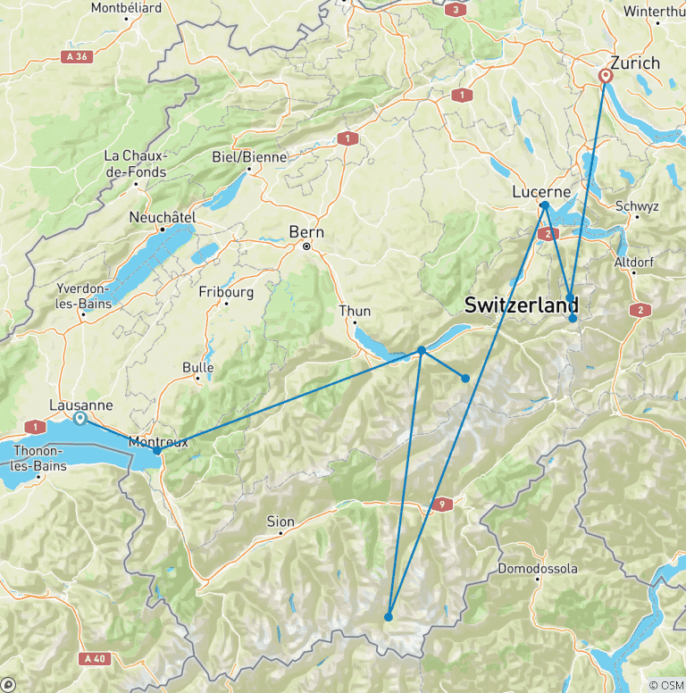 Map of Iconic Switzerland 2027 - 13 Days (from Lausanne to Zurich)