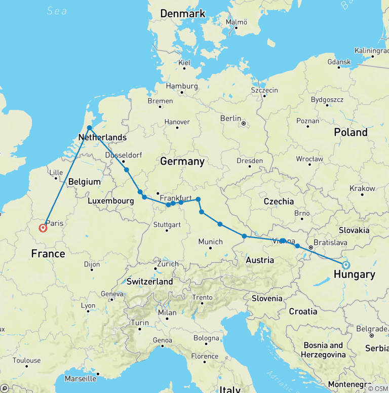 Map of Jewels of Europe with Paris 2027 - 18 Days (16 destinations)