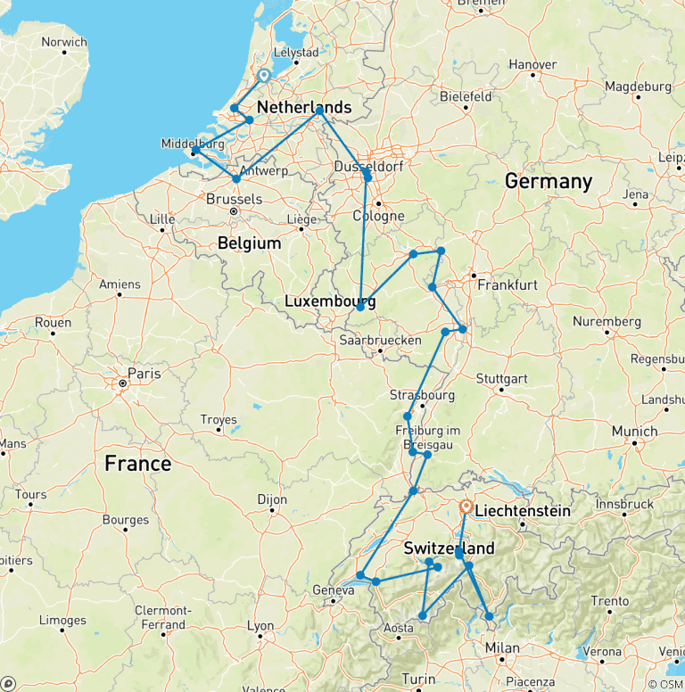 Map of Romantic Rhine & Moselle with Iconic Switzerland 2027 - 27 Days (from Amsterdam to Zurich)