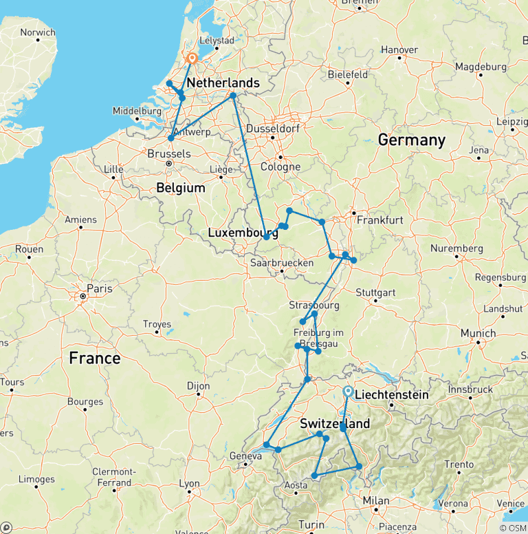 Map of Romantic Rhine & Moselle with Iconic Switzerland 2027 - 27 Days (from Zurich to Amsterdam)