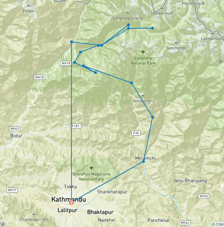 Map of Langtang Gosaikunda and Helambu Trek – 14 Days