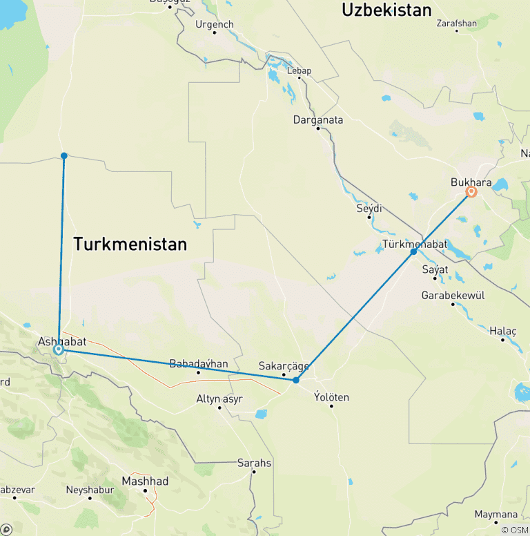 Map of 5 Days in Turkmenistan from Ashgabat to Bukhara