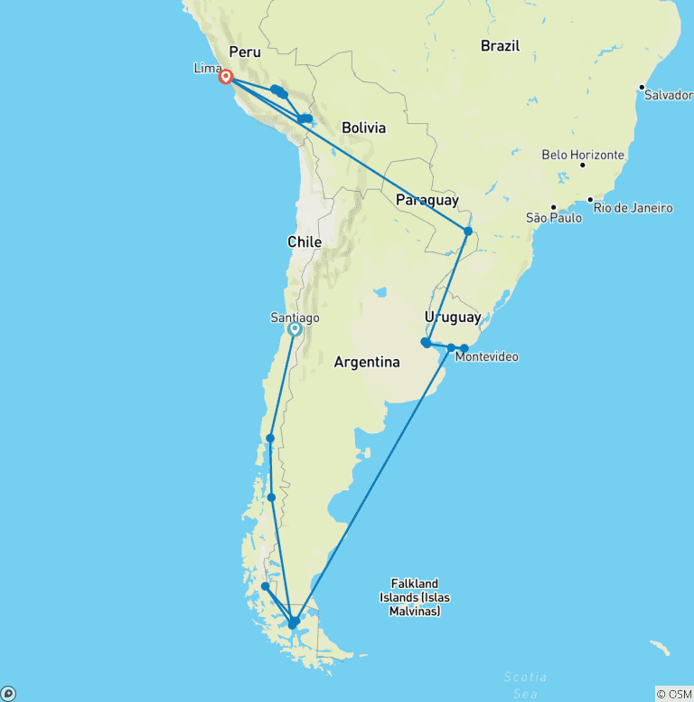Map of Highlights of South America and Chilean Fjords Cruise Santiago to Lima Reverse 2027 & 2028 (2028)