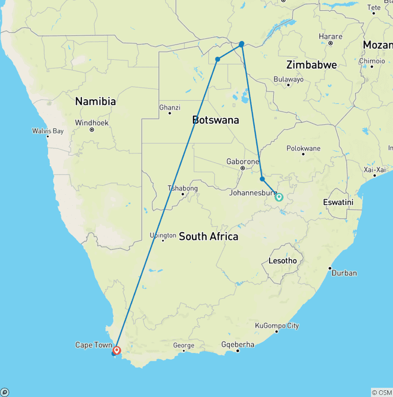 Map of 【South Africa, Zambia, Zimbabwe,Botswana】11-Day Tour Package with Pilanesberg National Park & Victoria Falls,Chobe National Park