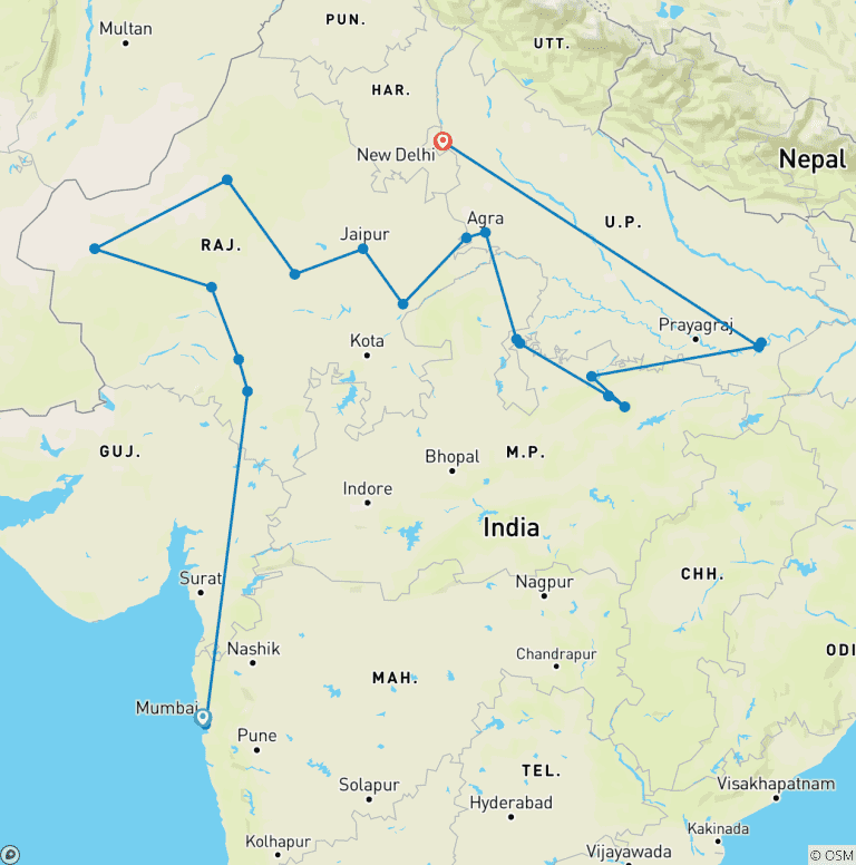 Map of Rajasthan with Varanasi & Ranthambore