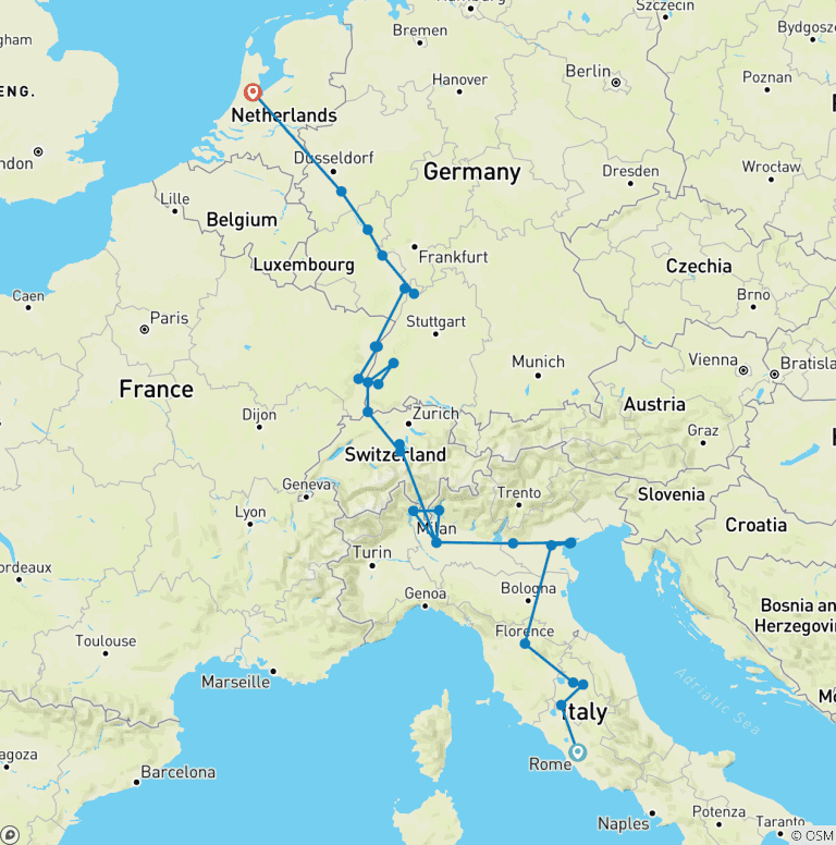 Map of Italian Vista with Romantic Rhine and 2 Nights in Lucerne