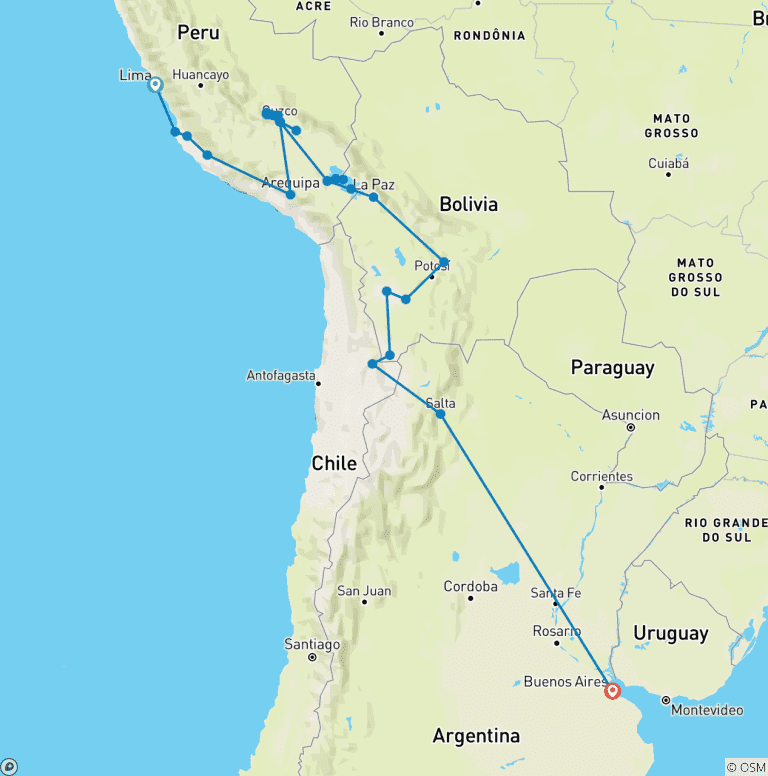Map of Lima to Buenos Aires (With Inca Trail Trek)