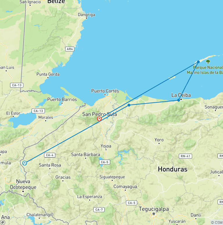 Map of 9 days Honduras Deluxe: Mayan Culture, Jungle and the Caribbean