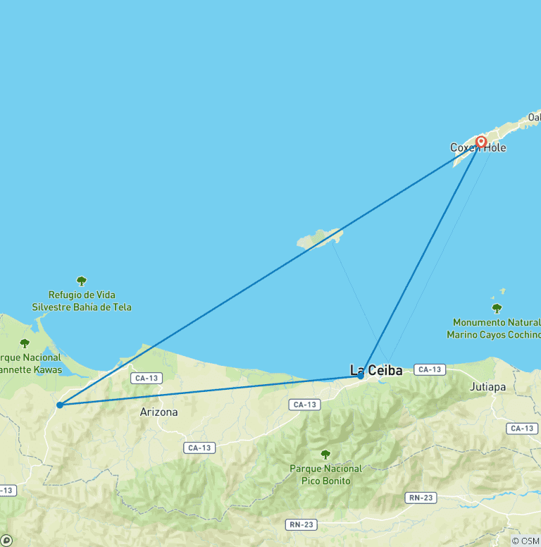 Map of 7 days Honduras Caribbean Deluxe: Islands, Jungle, and Unique Experiences