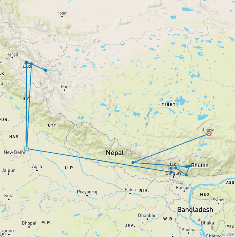 Map of India, Bhutan, Nepal & Tibet Experience