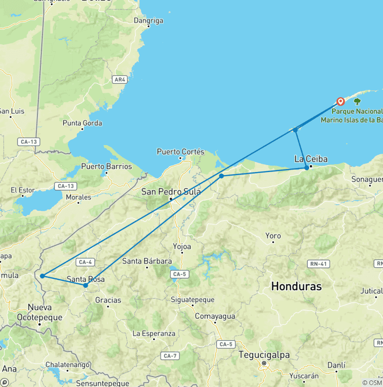 Map of 14 days Honduras Caribbean & Mayan Experience