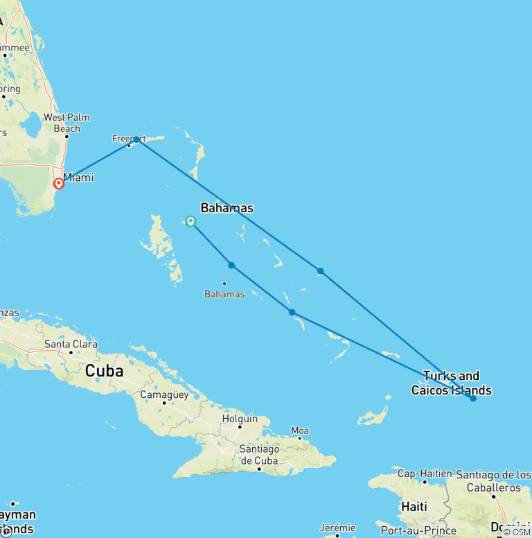 Map of Caribbean Passage: Bahamas to Miami