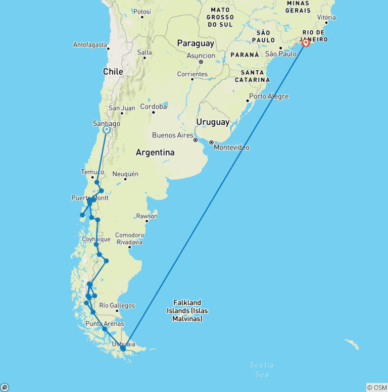 Map of Patagonia Overland: Santiago to Ushuaia with Rio Carnival