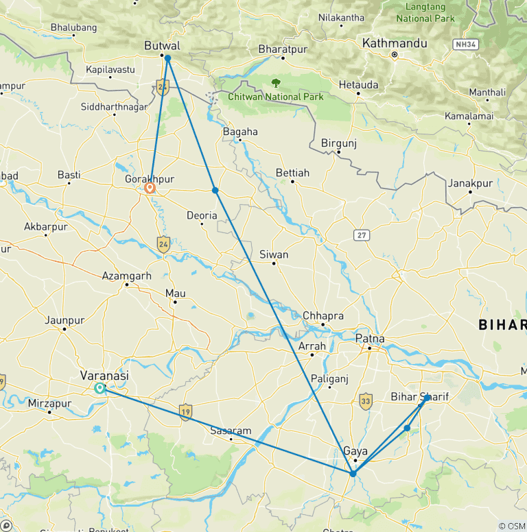 Map of Sacred Buddhist Pilgrimage: Varanasi to Lumbini