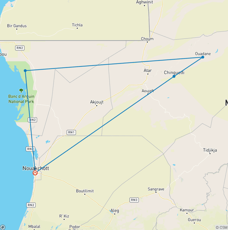 Map of Discover Mauritania 9 Days 8 Nights – Adrar Desert, Chinguetti & Banc d’Arguin Tour