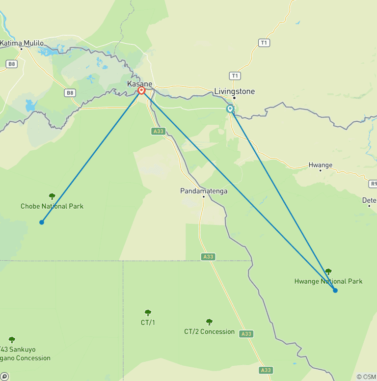 Map of Ultimate Southern Africa Safari: Victoria Falls, Hwange & Chobe