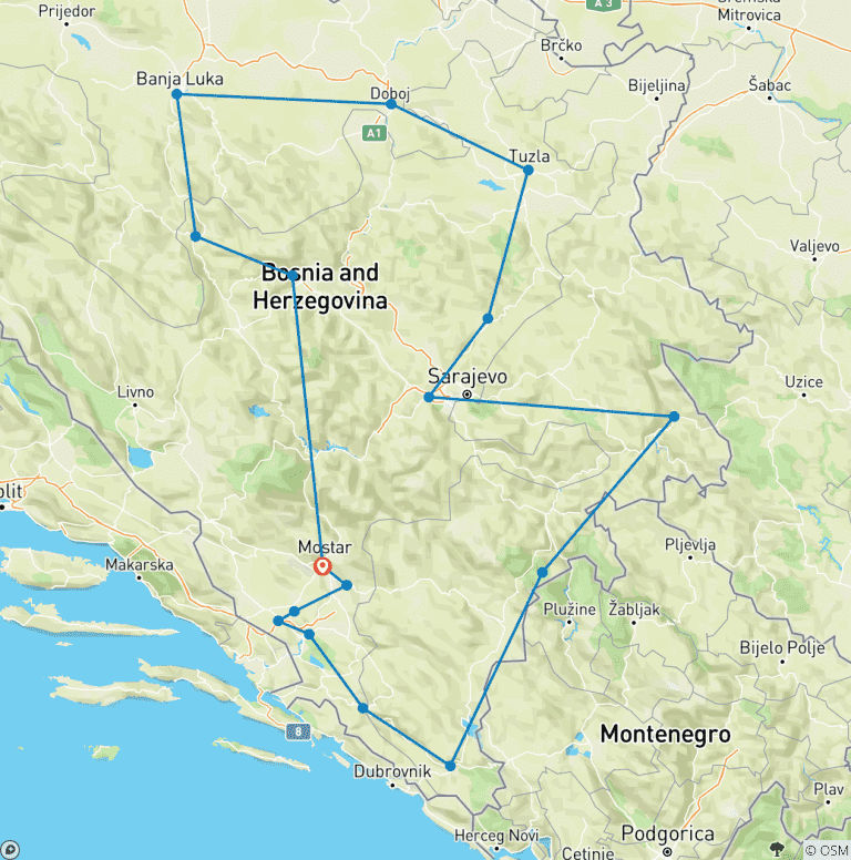 Map of Bosnia 15-day immersive cultural tour from Mostar. UNESCO sites. Enjoy medieval fortresses, Imposing mountains, sparkling rivers and breathtaking scenery. Plenty of Ottoman Empire legacy. Lots of culture, history and nature. Superb cuisine and wine!