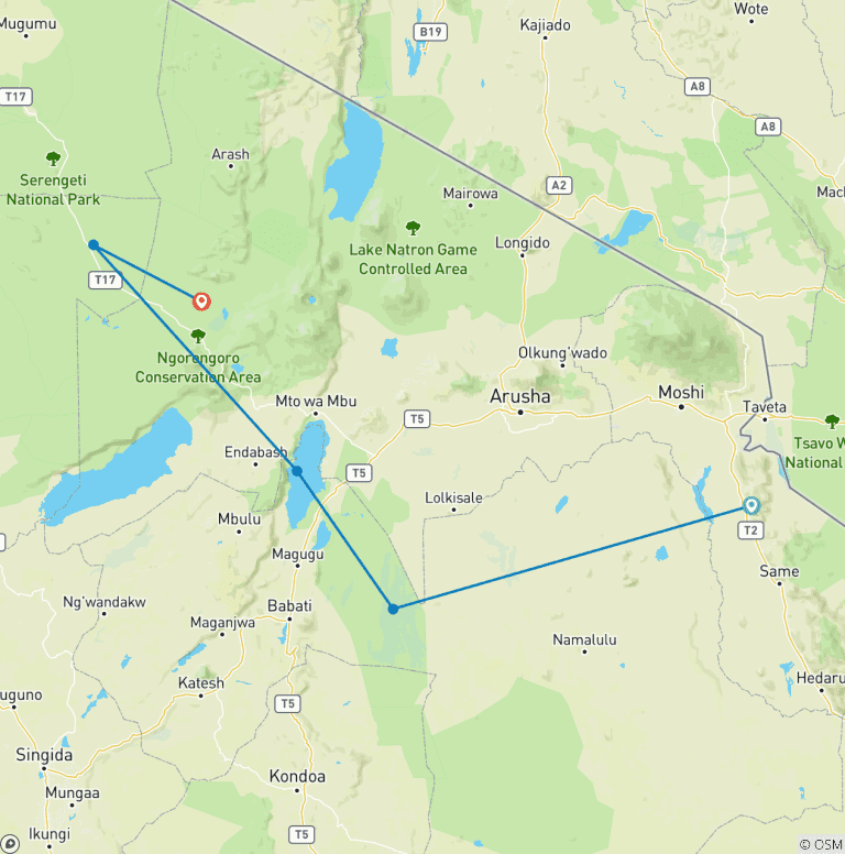 Map of 9 Day Tanzania Exclusive Holiday