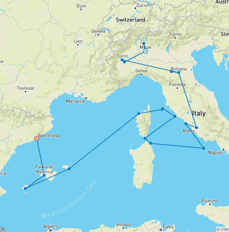 Map of Icons of Italy & Mediterranean Islands - Cruise & Land Journey