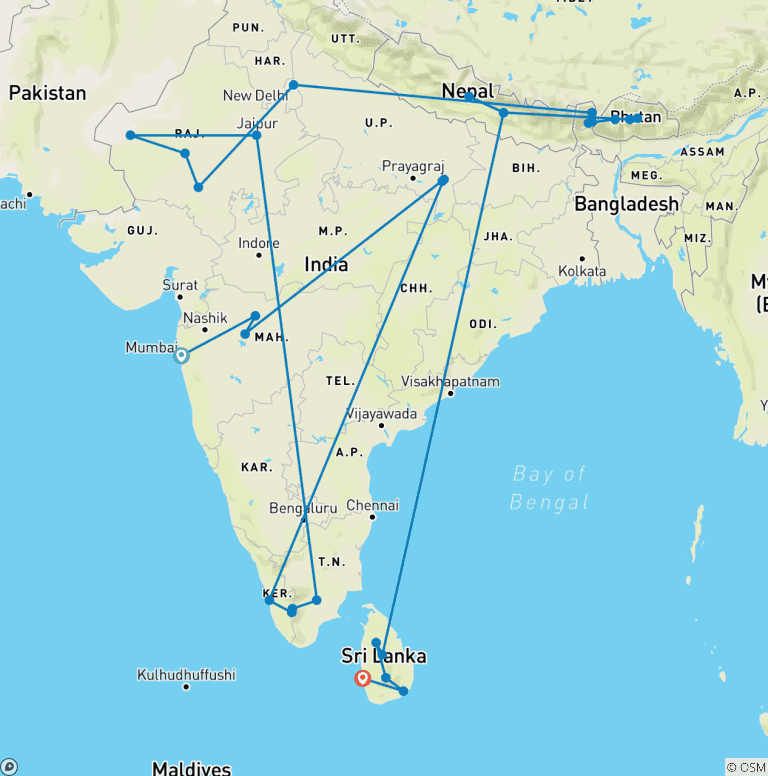 Map of Timeless India, Bhutan, Nepal & Sri Lanka