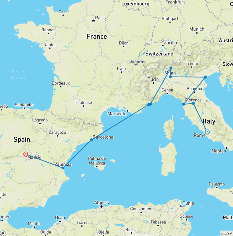 Map of Mediterranean Treasures & Southern Europe Explorer 13 Days / 12 Nights