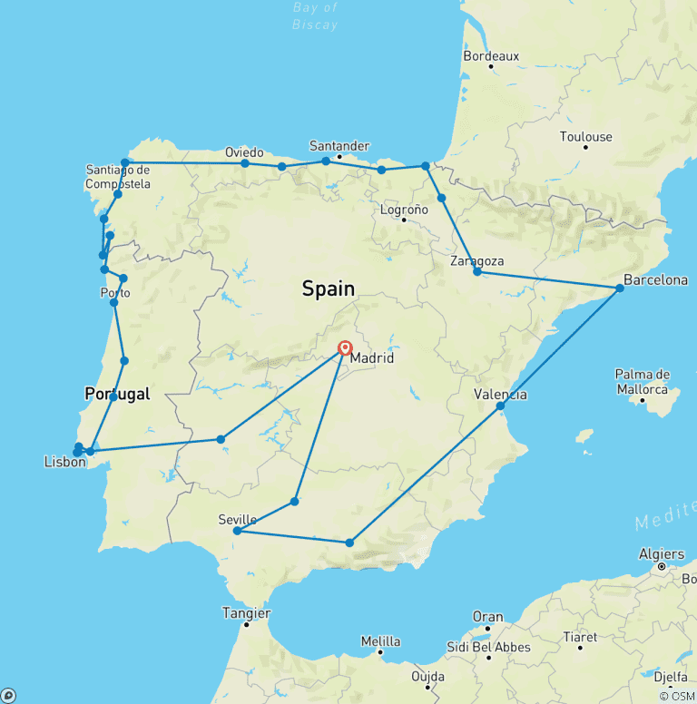 Map of 21-Day Iberian Tour from Madrid