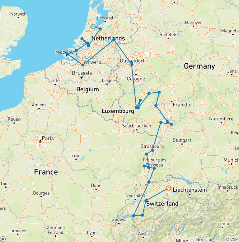Map of Romantic Rhine & Moselle with Switzerland 2026 - 19 Days (68 destinations)
