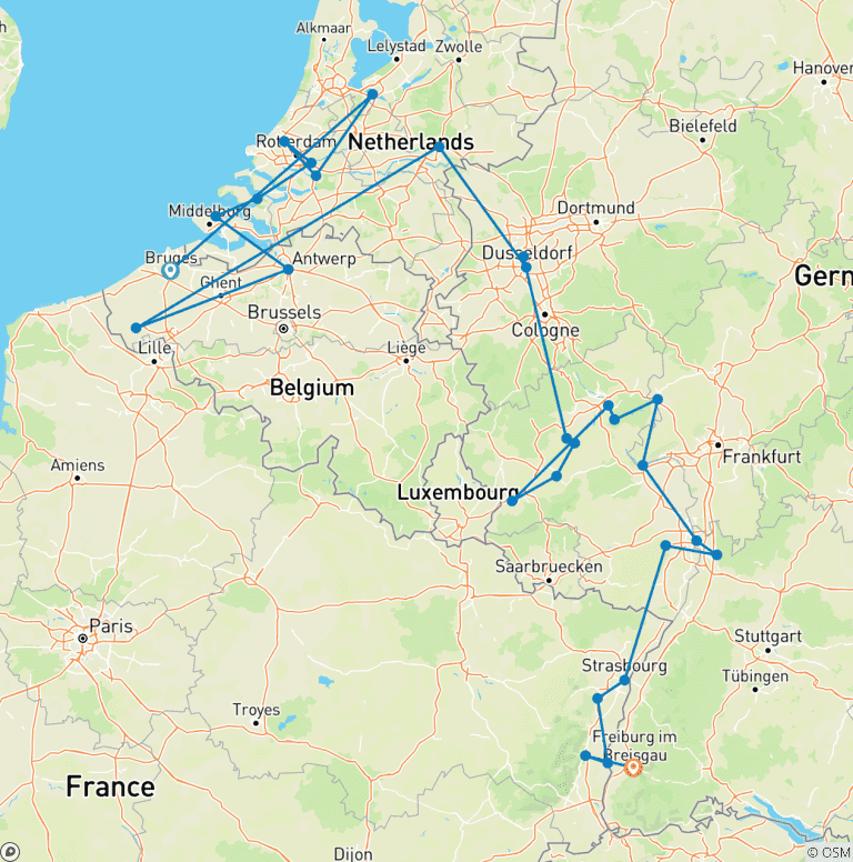 Map of Romantic Rhine & Moselle with Bruges 2026 - 18 Days (from Bruges to Freiburg im Breisgau)