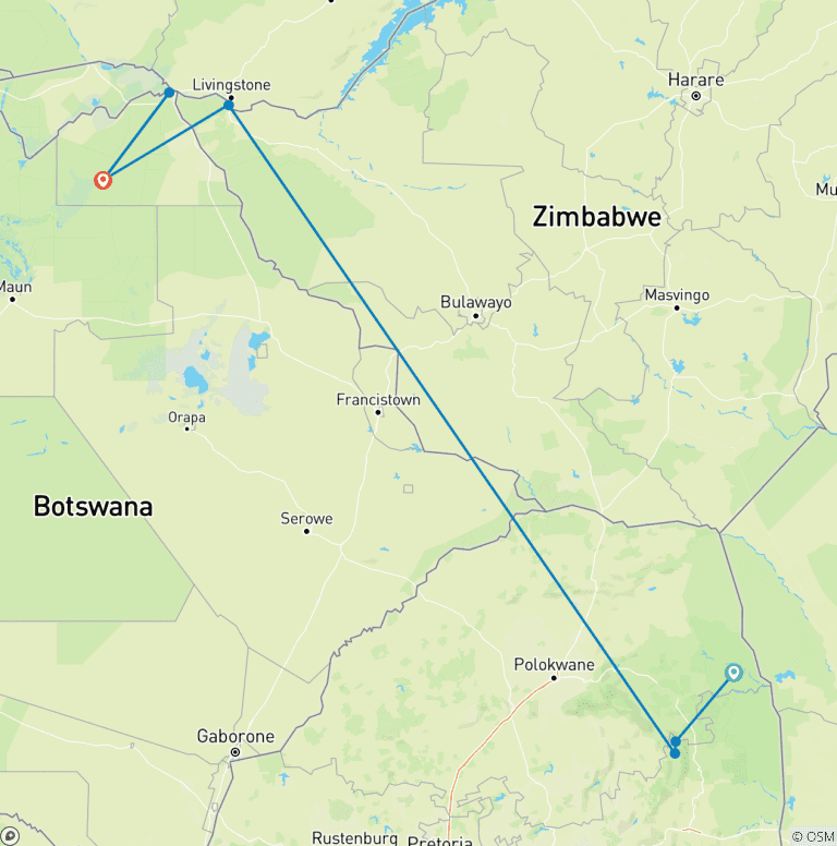 Map of 7 Days Budget Kruger, Victoria Falls & Chobe Safari