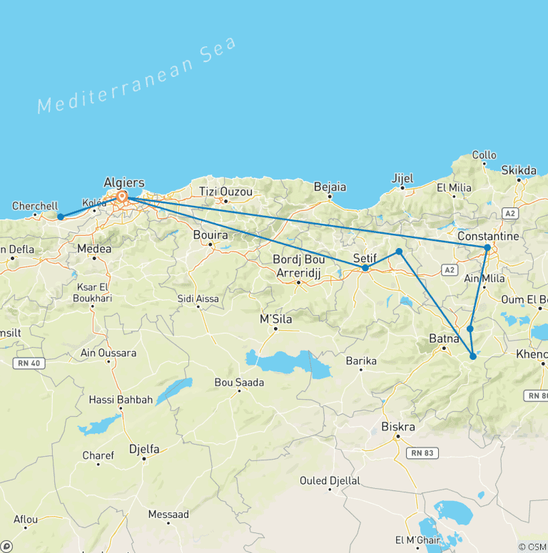 Map of Customized Best 7-Day Algeria Tour with Private Guide & 4-star Hotels