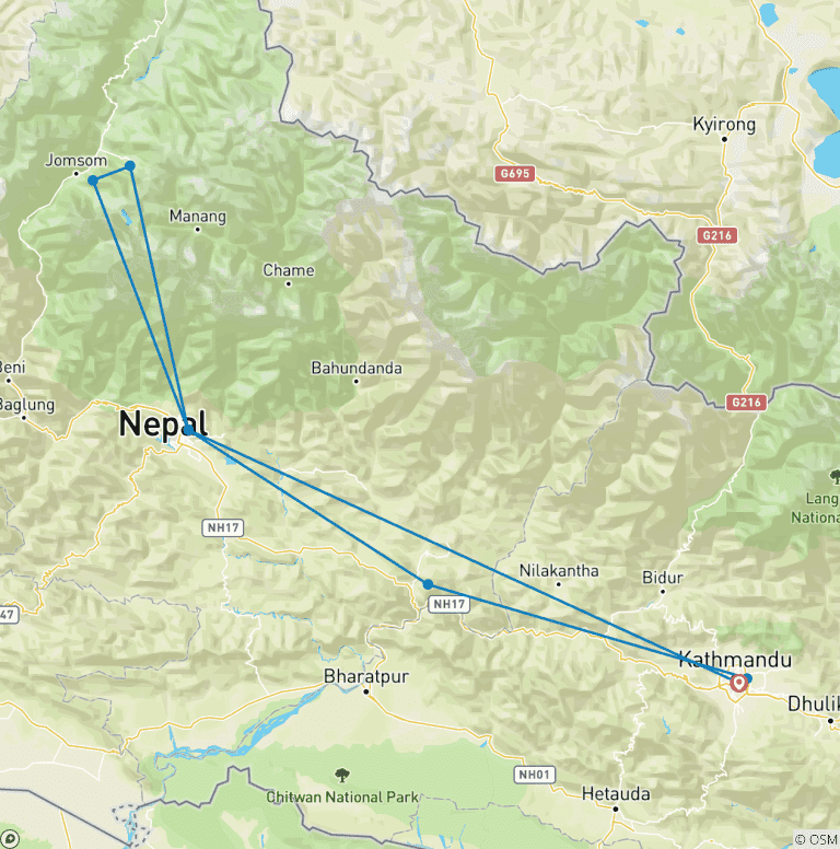 Map of Pashupatinath, Manakamana and Muktinath Pilgrimage Tour  – 7 Days