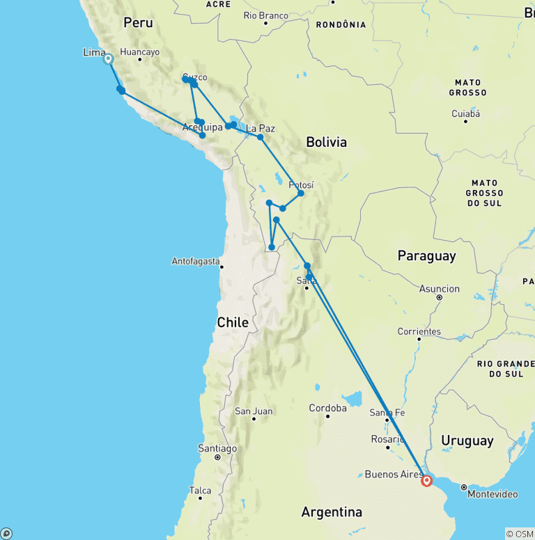 Map of Peru, Bolivia & Argentina Adventure (55 destinations)