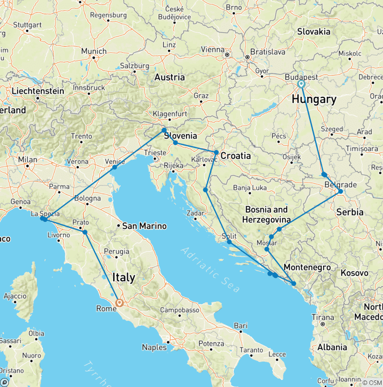 Map of Budapest to Rome (27 destinations)