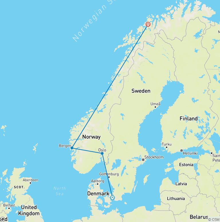 Map of Scandinavian Capitals, Fjords & Arctic Wonders | Scenic Flåm Railway, Daily Breakfast & Sightseeing Included