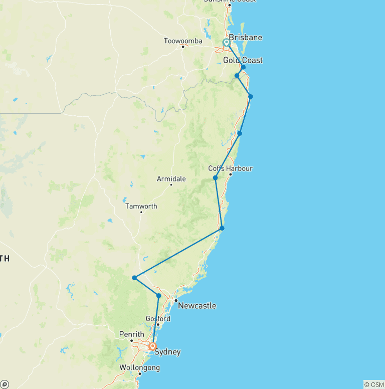 Map of Brisbane to Sydney Adventure