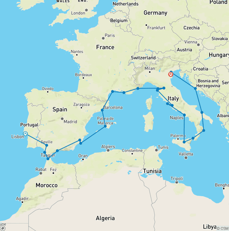 Map of Adriatic & Mediterranean Discovery Lisbon to Venice (Chioggia)