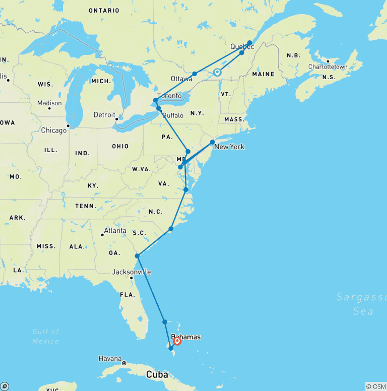 Map of Eastern Canada & America's East Coast to the Bahamas - Cruise & Land Journey