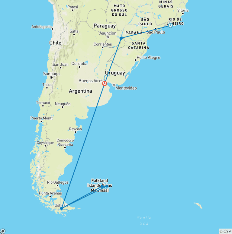 Map of Antarctica, South Georgia, Argentina & Brazil - Cruise & Land Journey 2028-2029 - 28 Days
