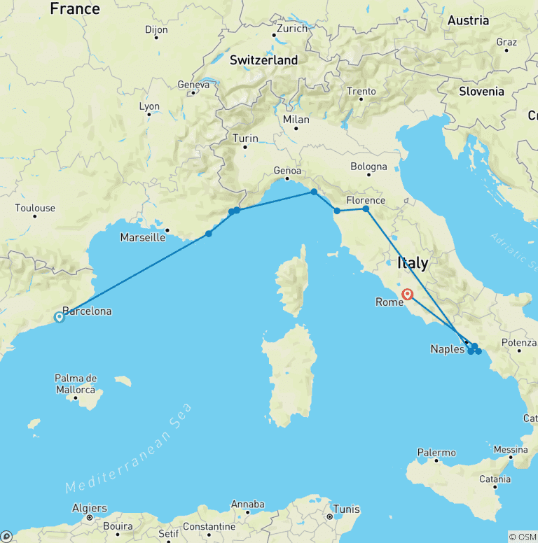 Map of Barcelona to Rome Quest (Hostels, Winter Until Mar '27, Classic)