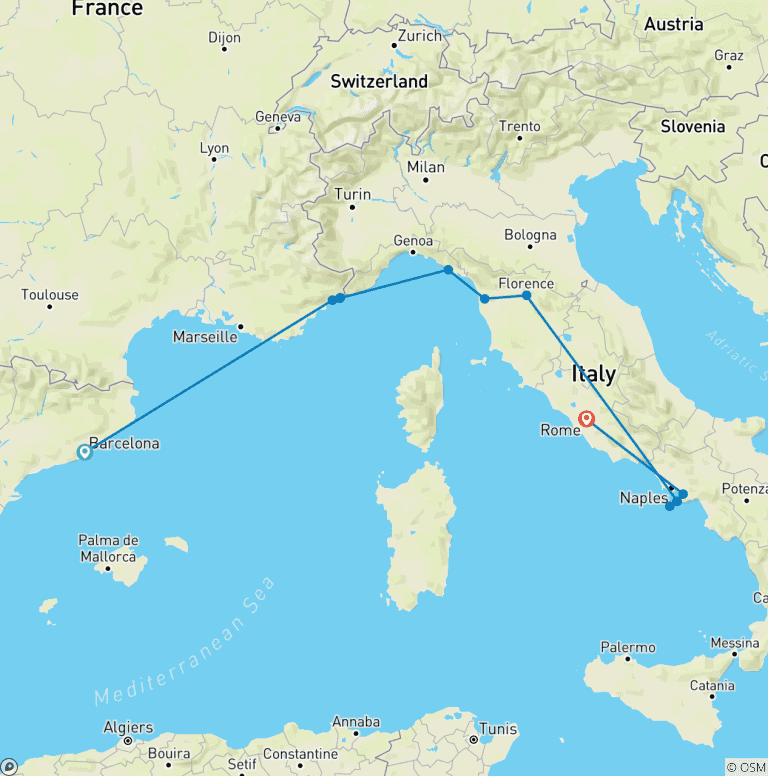 Map of Barcelona to Rome Quest (Hotels, Summer From Apr '27, Classic)