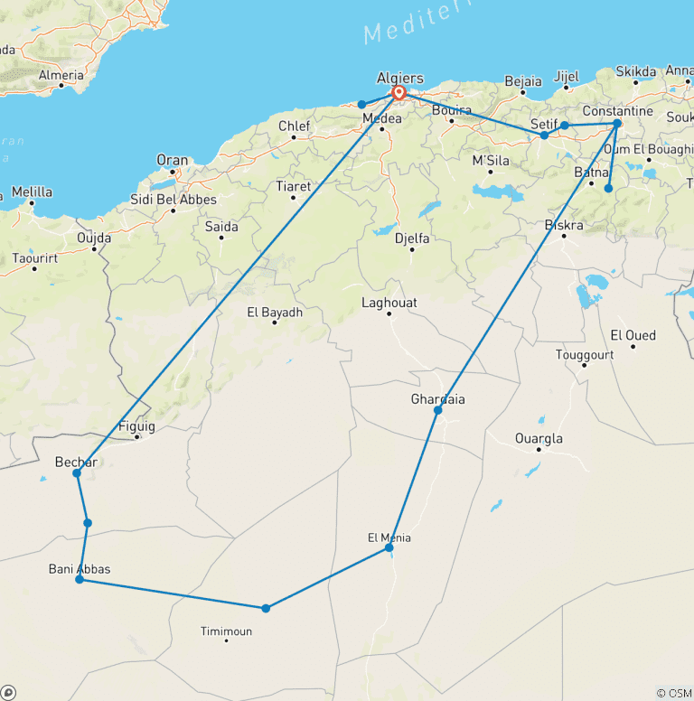 Map of Customized 14-Day Private Algeria Tour through Desert, Fully Guided