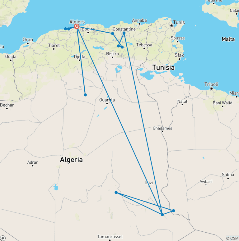 Map of Customized 13-Day Algeria Private Tour with Sahara, Daily Starts