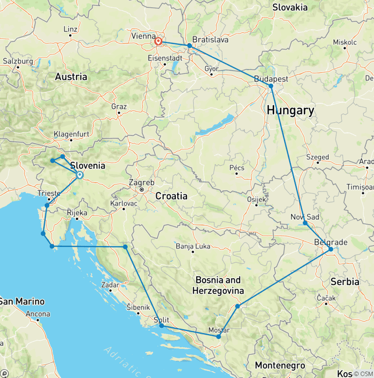 Map of Mediterranean Vibe & Imperial Europe; Semi - Private Tour with Dedicated Tour Leader & Car