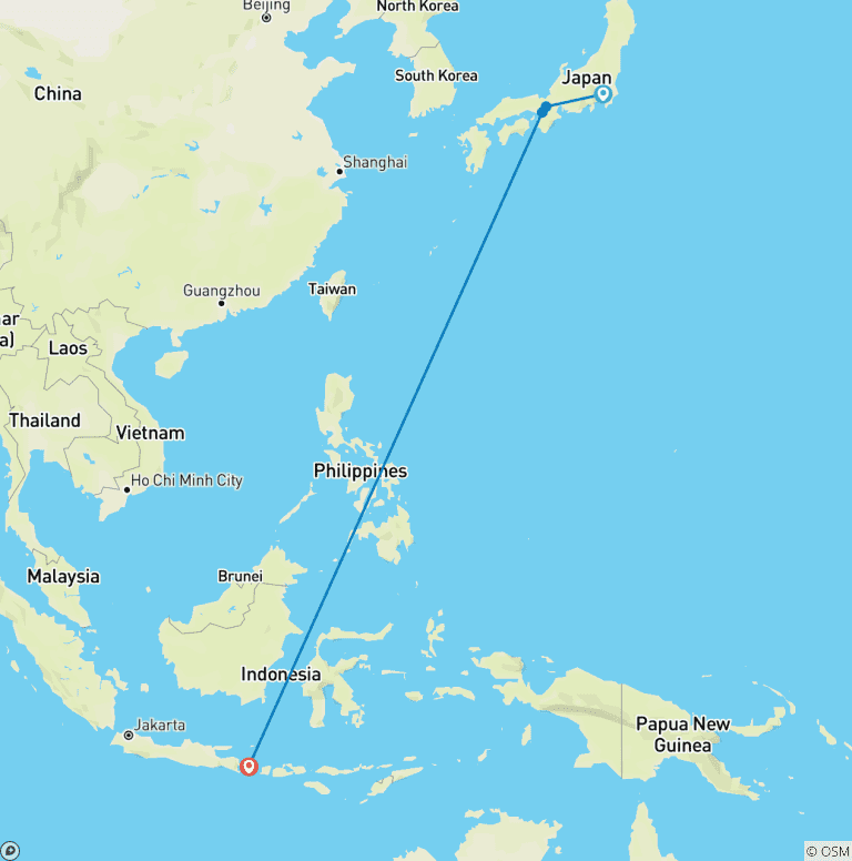 Map of Iconic Japan & Tropical Bali with Bullet Train, Breakfasts, Transfers, Sightseeing & 5-Star Stays