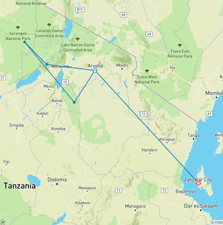Map of 14-Day Serengeti Safari & Zanzibar Beach Holiday